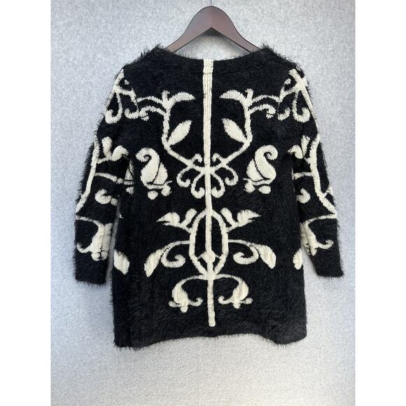 Rebells Womens Open Cardigan Fuzzy Black Cream Floral Print Long Sleeve Size S - Picture 10 of 11